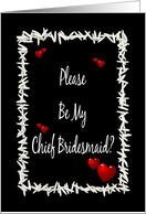 Be My Chief Bridesmaid-Red Hearts and Rice on Black Background card