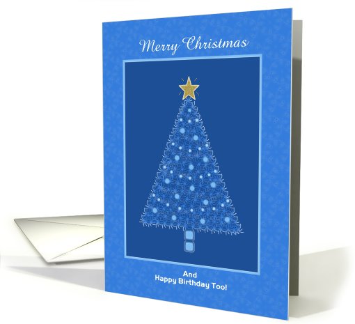 Blue Holiday Tree-Gold Star-Christmas Tree-Birthday On Christmas card