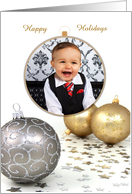 Happy Holidays Silver And Gold Ornaments With Photo Placement card