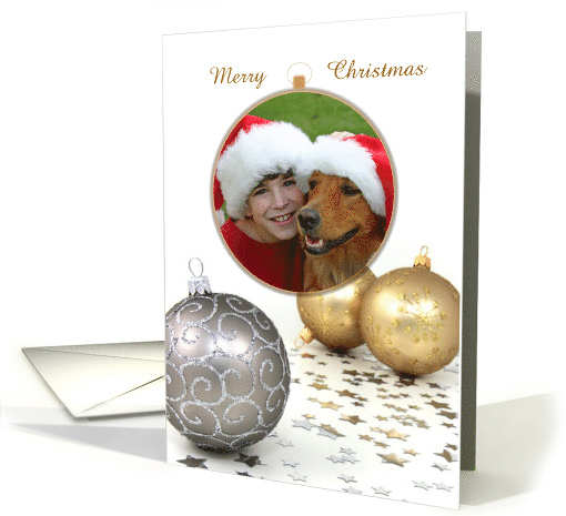 Merry Christmas Silver And Gold Ornaments And Stars With Photo card