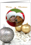 Merry Christmas Silver And Gold Ornaments And Stars With Photo card
