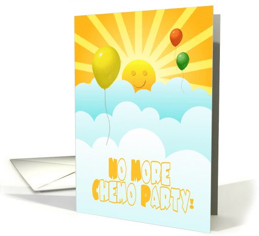 No More Chemo Party With Happy Face Sun And Balloons In Clouds card