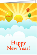 Happy New Year 2025 Sunshine Happy Face With Balloons In Clouds card