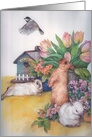 Easter Bunny with Birdhouse & Spring Floral card