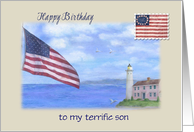 for Son Birthday Patriotic Lighthouse 4th July card