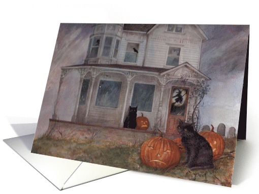 Boo Halloween Haunted House With Black Cat card (257187)