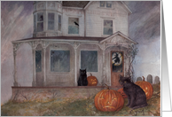 Boo Halloween Haunted House With Black Cat card