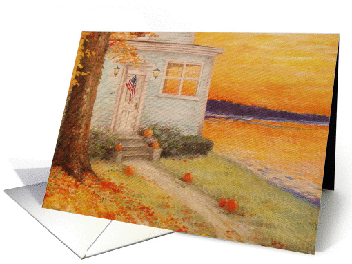 Thanksgiving Fall Twilight Lake House card (272397)