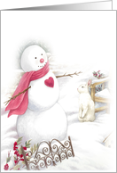 Illustrated Snowman with Bunny Snowscape card