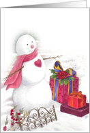 Snowman Illustration With Heart And Xmas Presents card