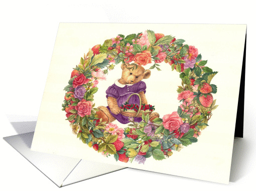 illustrated teddy bear & floral wreath valentine card (337794)