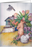 Easter Bunny with Birdhouse & Spring Floral card