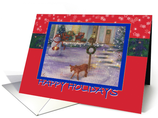 Cozy Xmas Cottage Winter Snowman & Deer card (878172)