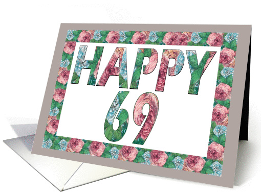 HAPPY 69 Birthday, Illuminated Fonts, Rose border card (885244)