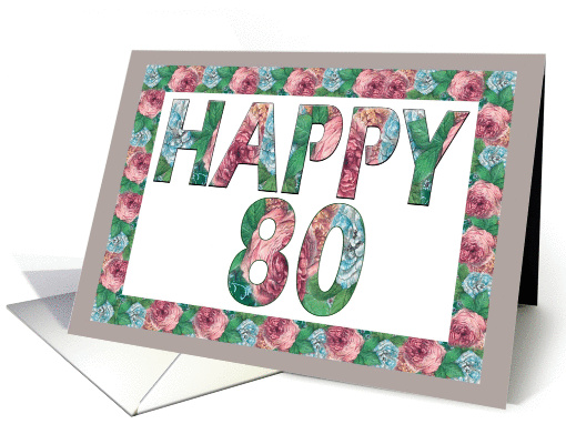 HAPPY 80 Birthday, Illuminated Fonts, Rose border card (885478)