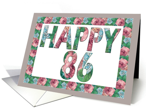 HAPPY 86 Birthday, Illuminated Fonts, Rose border card (885666)