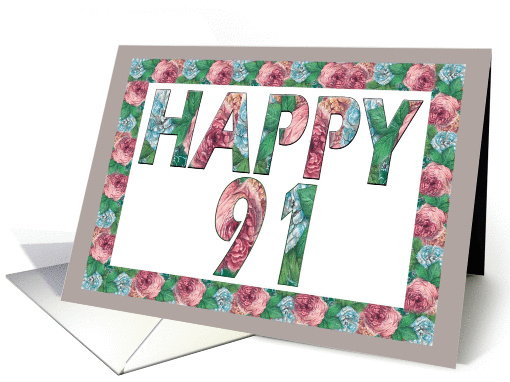 HAPPY 91 Birthday, Illuminated Fonts, Rose border card (885697)