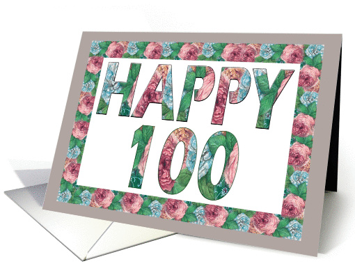 HAPPY 100 Birthday, Illuminated Fonts, Rose border card (885721)