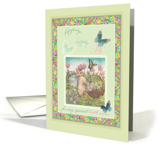 For Birth Mom, Hoppy Easter Bunny & Butterfly Illustration card