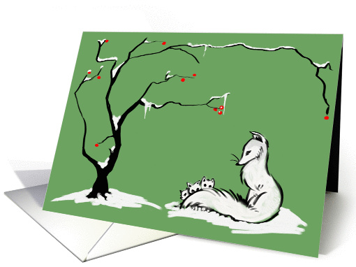 Winter Fox Family Sumi-e card (300262)