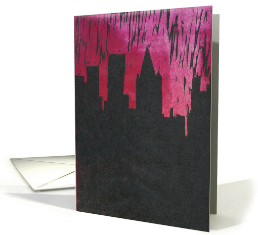 Woodcut of city skyline 3 card (329565)