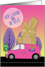 Away to College in a Pink Van Packed with Boxes on Road to University card
