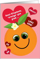 Stepmom Valentine’s Day Funny Smiling Orange with Red Hearts on Pink card