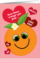 Nana Valentine’s Day Funny Smiling Orange with Red Hearts on Pink card