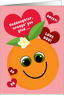 Goddaughter Valentine’s Day Funny Smiling Orange with Red Hearts Pink card