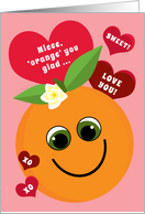 Niece Valentine’s Day Funny Smiling Orange with Red Hearts Pink card