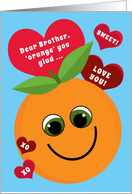 Brother Valentine’s Day Funny Smiling Orange Red Hearts on Blue card