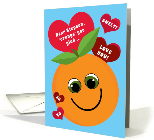 Stepson Valentine's Day Funny Smiling Orange Red Hearts on Blue card