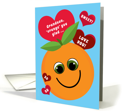 Grandson Valentine's Day Funny Smiling Orange Red Hearts on Blue card
