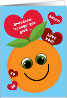Grandson Valentine’s Day Funny Smiling Orange Red Hearts on Blue card