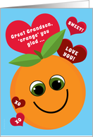 Great Grandson Valentine’s Day Funny Smiling Orange Red Hearts Blue card