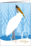 Christmas Wood Stork Bird Blue Pond Winter Trees and Grasses card