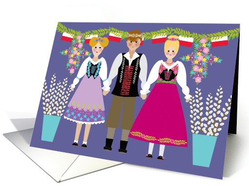 Dyngus Day Folk Art Boy and Girls with Polish Flags and... (1022797)
