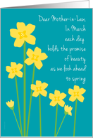 Mother in Law March Birthday Yellow Daffodils on Aquamarine Background card