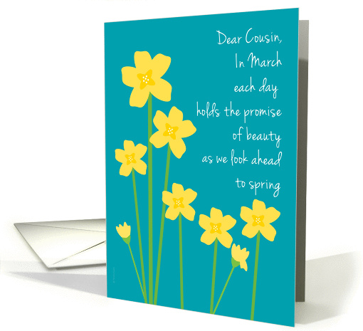 Cousin March Birthday Yellow Daffodils on Aquamarine Background card
