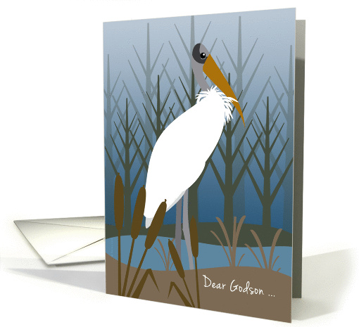 Godson Father's Day Stork Foggy Marsh Water Scene Blue Brown card