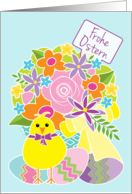 Frohe Ostern Happy Easter in German Cute Yellow Chick Flowers and Eggs card