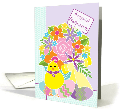 Godparents Happy Easter Cute Yellow Chick Flowers and Eggs card