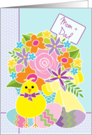 Mom and Dad Parents Happy Easter Cute Yellow Chick Flowers and Eggs card