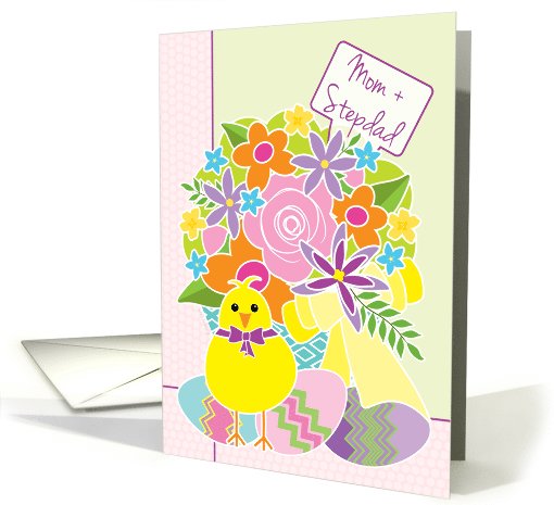 Mom and Stepdad Happy Easter Cute Yellow Chick Flowers and Eggs card