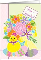 Mom and Stepdad Happy Easter Cute Yellow Chick Flowers and Eggs card