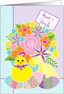 Aunt and Uncle Happy Easter Cute Yellow Chick Flowers and Eggs card
