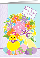 Godson and Wife Happy Easter Cute Yellow Chick Flowers and Eggs card