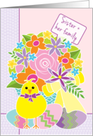 Sister and Her Family Happy Easter Cute Yellow Chick Flowers and Eggs card