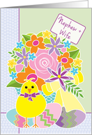 Nephew and His Wife Happy Easter Cute Yellow Chick Flowers and Eggs card