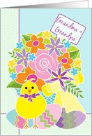 Grandma and Grandpa Happy Easter Cute Yellow Chick Flowers and Eggs card
